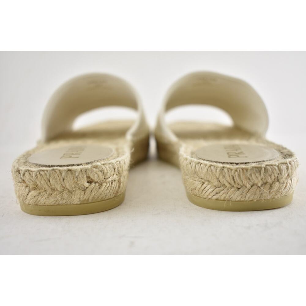Prada Gold Triangle Logo Avorio White Leather Espadrille Slide Sandal Flat 37 - Picture 15 of 16